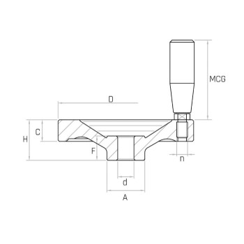 ALVR2+X D250 alu 2-küllős kézikerék, d22mm furat, forgó Duroplast markolattal.