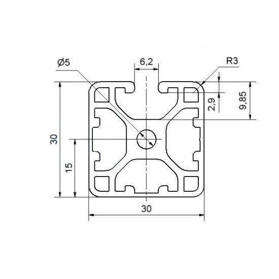 Aluprofil - 30x30 Könnyű - Három oldalon zárt