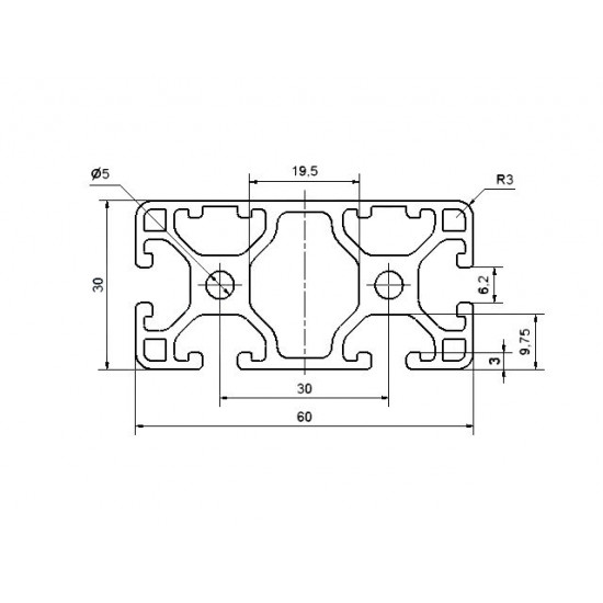 Aluprofil - 60x30 Könnyű  - Egy oldalon zárt (60)