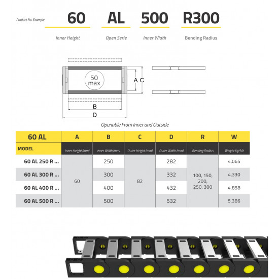 IRK60 Energialánc - 60x250 - R250 - Aluminíum - nyitható