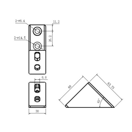 Szög csatlakozó - 8 - 45° - 60x30 profilhoz