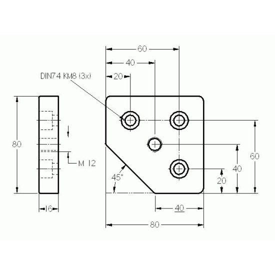 Talplemez -  80x80 - 45 - M12 - Alu