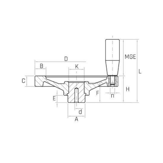 VPR/M D250 teli kézikerék, d6 furat, forgó markolattal, Duroplast.