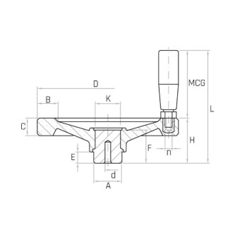VR2AF/M D150 2-küllős kézikerék, d6 furat, forgó markolattal, Duroplast.