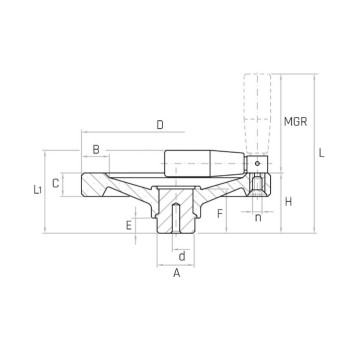 VR2AF/MR D150 2-küllős kézikerék, d6 furat, behajtható markolattal, Duroplast.