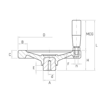 VR2F/M D150 2-küllős kézikerék, d6 furat, forgó markolattal, Duroplast.